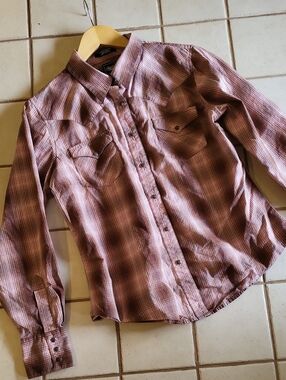 Cruel Long-Sleeve Plaid Button-Up Shirt - Mauve/Brown. Girls L
